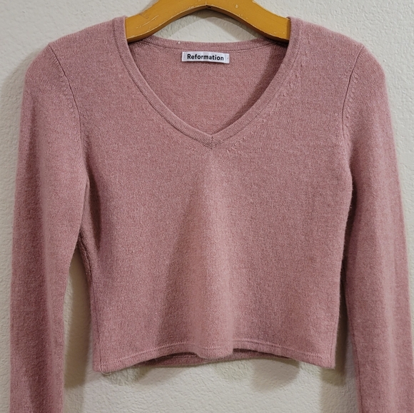 Reformation Cashmere Pink V Neck Cropped Sweater S - Picture 9 of 12